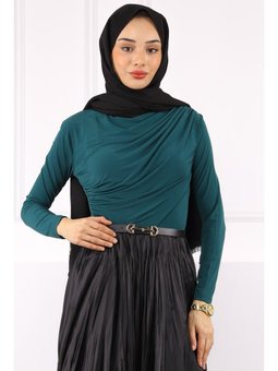 Zümrüt Yeşili Balıkçı Yaka Drapeli Sandy Bluz