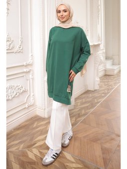 Zümrüt Yeşili Bisiklet Yaka Armalı Tunik