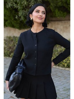 Basic Düğmeli Siyah Waffle Hırka
