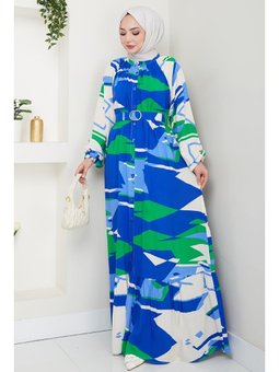 Botanik Desen Saks Mavisi Viskon Elbise