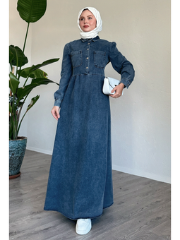 Çift Cepli Mavi Kot Elbise