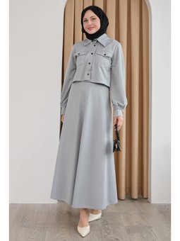 Düğmeli Bolerolu Etekli Gri Takım
