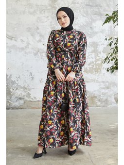 Felara Çiçek Desen Kuşaklı Siyah Elbise