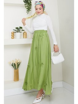 Fiyonk Detay Beli Lastikli Fıstık Yeşili Etek