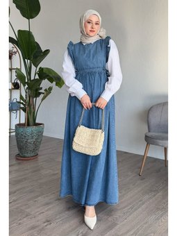 Frida Omuzu Fırfırlı Kot Jile Mavi Elbise