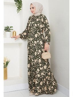 Gölge Çiçek Desen Haki Viskon Elbise