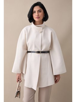 Kemerli Kaşe Beyaz Kısa Panço