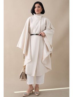 Kemerli Kaşe Krem Uzun Panço