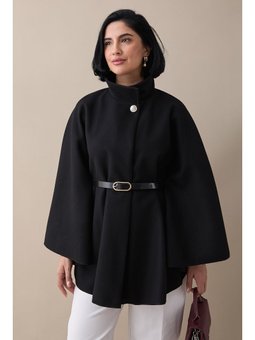 Kemerli Kaşe Siyah Kısa Panço