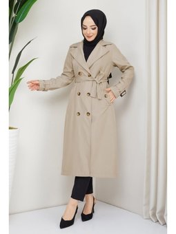 Kruvaze Yaka Kuşaklı Astarlı Krem Trençkot