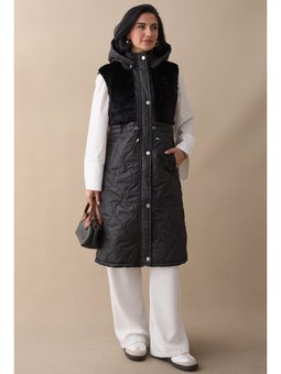 Önü Peluş Detay Siyah Şişme Yelek