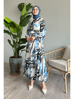 Renkli Şerit Desen Mavi Şifon Elbise