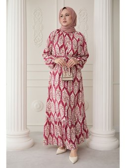 Sıralı Etnik Desen Pembe Viskon Elbise