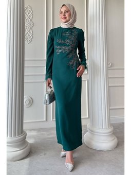 Tüy Detaylı Taşlı Zümrüt Yeşili Abiye Elbise