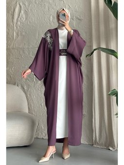 Yakası Taşlı Yarasa Kol Elbiseli Abaya Gül Kurusu