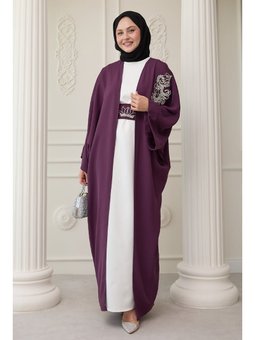 Yakası Taşlı Yarasa Kol Elbiseli Abaya Mor