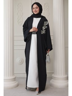 Yakası Taşlı Yarasa Kol Elbiseli Abaya Siyah
