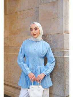 Beli Nervurlu Poplin Mavi Gömlek