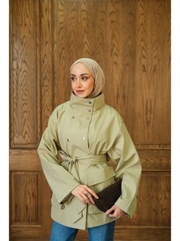 Deri Görünümlü Kısa Trenç Açık Yeşil