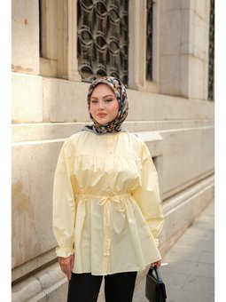 Robadan Büzgü Detaylı Balon Kol Sarı Gömlek
