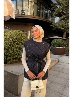 Taş Detaylı Kapitone Lacivert Yelek