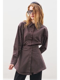 Bağlama Aksesuarlı Gömlek Kahve Çizgili