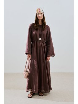 Beli Ayarlamalı Uzun Bordo Elbise