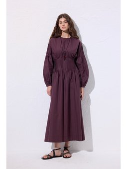 Beli Pile Detaylı Mürdüm Elbise