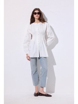 Beli Pile Detaylı Uzun Kol Ekru Bluz