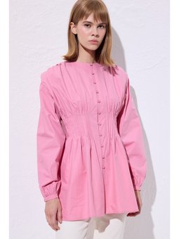 Beli Pile Detaylı Uzun Kol Pembe Bluz
