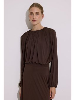 Dökümlü Balon Form Kahverengi Bluz