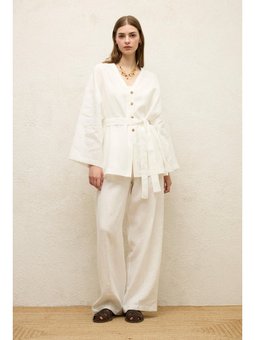 Düğmeli Keten Ekru Gömlek