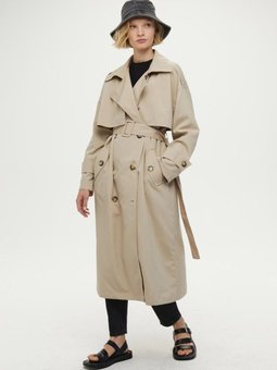 Düğmeli Kruvaze Bej Trençkot