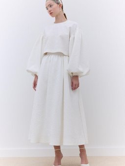 İnci Detaylı Jakarlı Ekru Etek