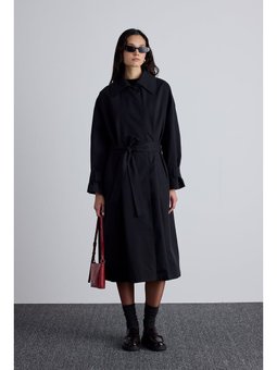 Kemerli Oversize Gabardin Siyah Trençkot