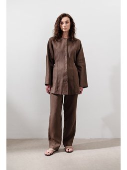 Keten Oturtmalı Ceket Tozlu Kahve