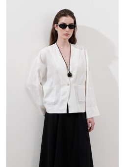 Keten Tek Düğmeli Ekru Bluz