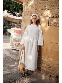 Nakışlı Geniş Kollu Ekru Elbise