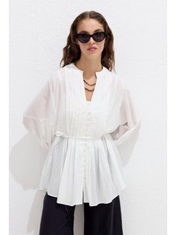 Nervür Detaylı Vual Ekru Tunik