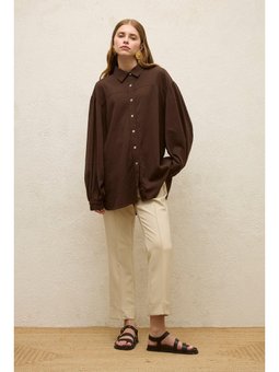 Pamuklu Balon Kol Kahverengi Gömlek