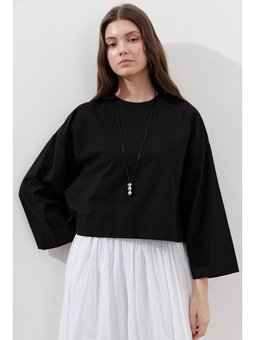 Pamuklu Crop Uzun Kol Siyah Bluz