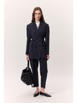 Tencel Kemerli Kruvaze Blazer İndigo Ceket