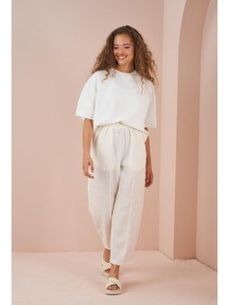 Önü Dikişli Keten Ekru Pantolon