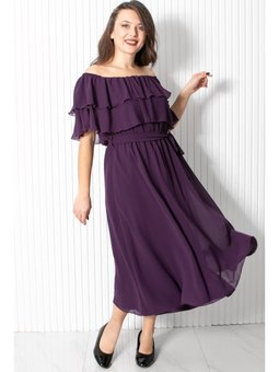 Karmen Yaka Şifon Mor Abiye Elbise