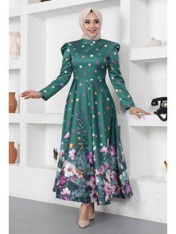 Çiçekli Puantiyeli Saten Abiye Elbise Zümrüt Yeşili Msw