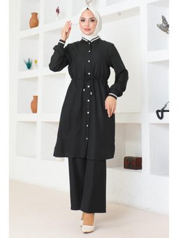 Beli Bağcıklı Ribanalı Siyah Takım