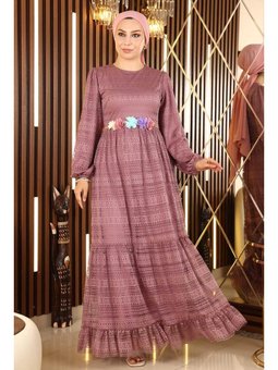 Dantelli Kemeri Çiçekli Gül Kurusu Elbise