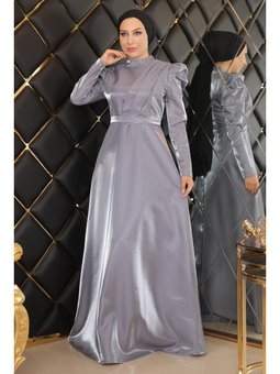 Göğsü Drapeli Abiye Elbise Gri