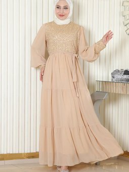 Gold Pulpayetli Şifon Abiye Elbise