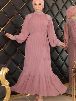 Gül Kurusu Pileli Taşlı Şifon Abiye Elbise